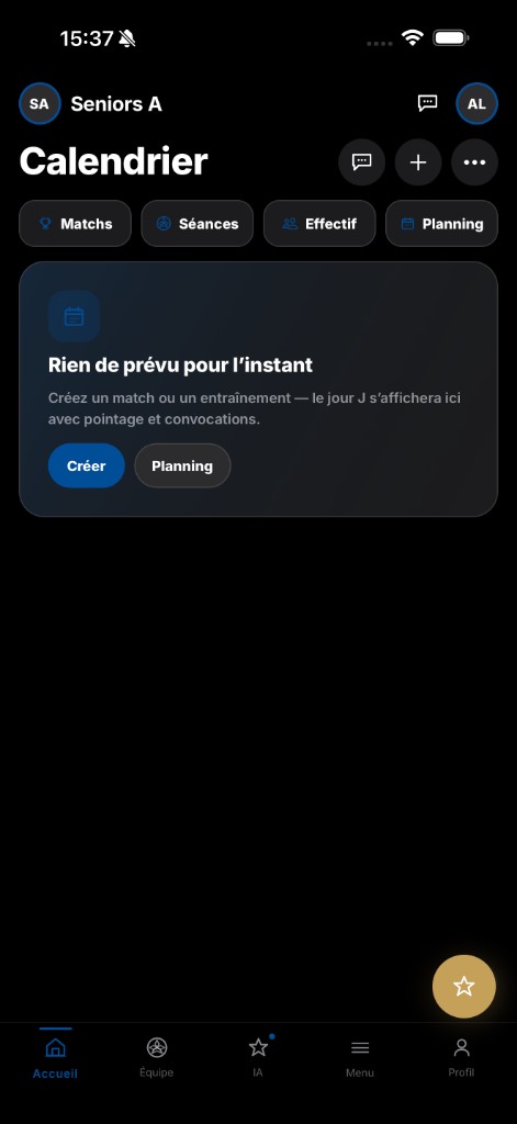 ProDay Coach · Accueil : Calendrier · matchs, séances et planning au même endroit.
